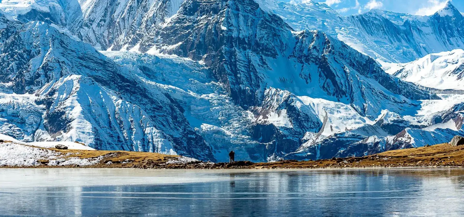 Snow-covered Annapurna massif reflected in a glacial lake in the Annapurna Sanctuary