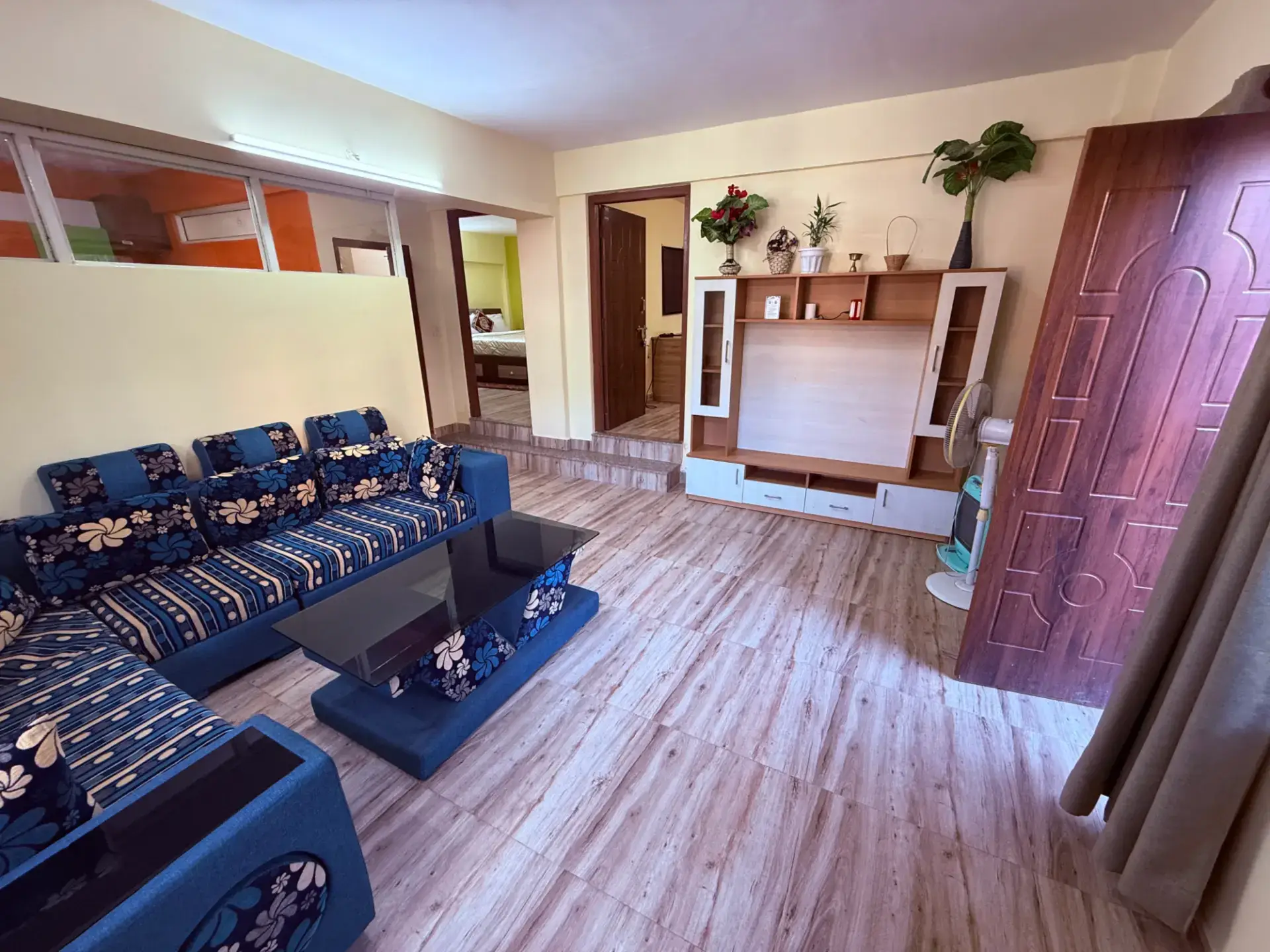 Spacious apartment lounge with sofas, TV unit and plants