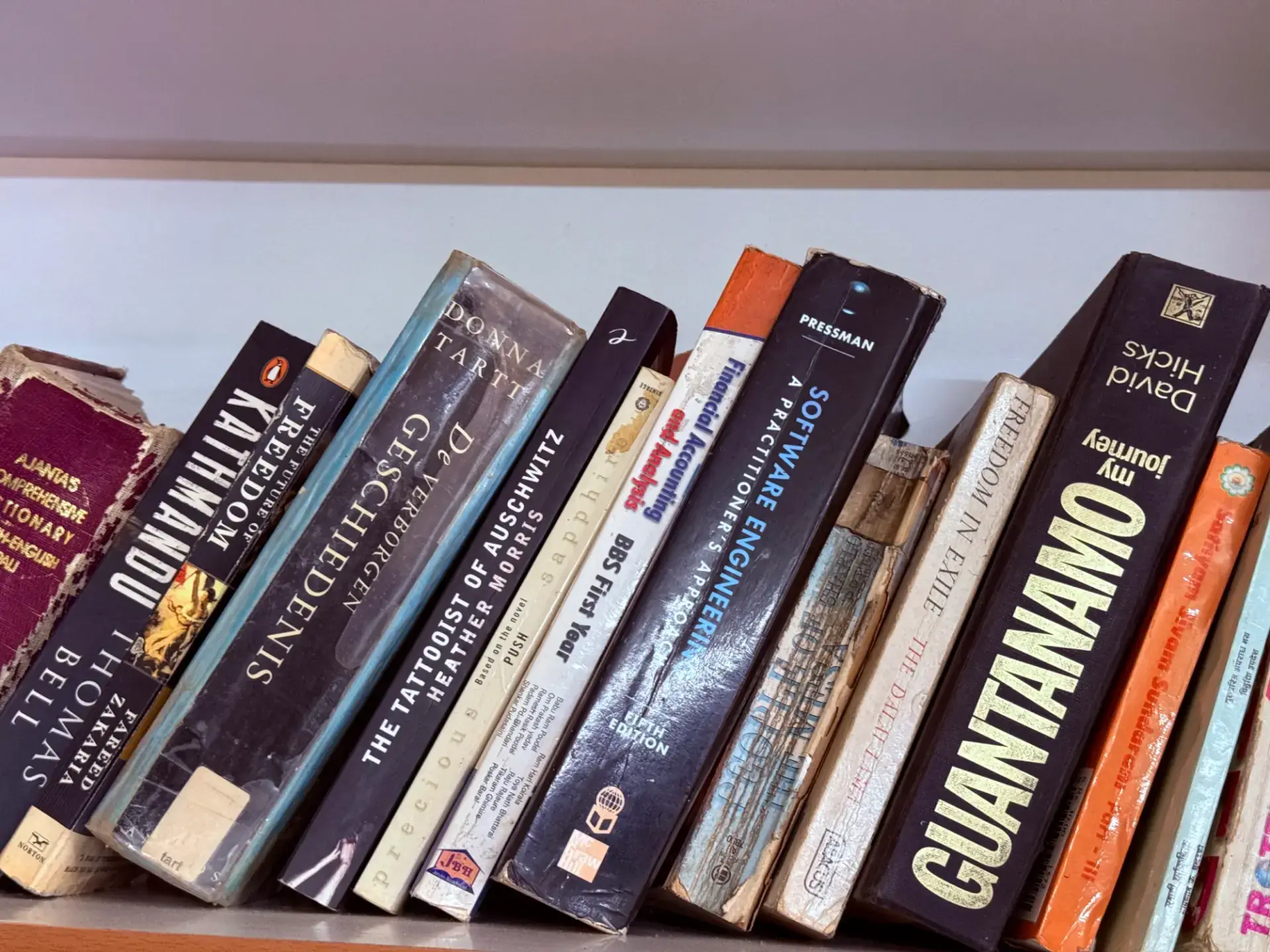 Shelf of travel books and Nepal guides for guests
